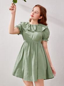 SHEIN 青少年女孩荷葉邊泡泡袖洋裝