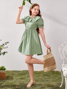 SHEIN 青少年女孩荷葉邊泡泡袖洋裝