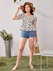 SHEIN Chicas adolescentes Blusa con estampado de lunares pecho con fruncido bajo con fruncido - Blanco y Negro - Ver 4