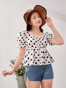 SHEIN Chicas adolescentes Blusa con estampado de lunares pecho con fruncido bajo con fruncido - Blanco y Negro - Ver 1