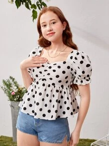 SHEIN Chicas adolescentes Blusa con estampado de lunares pecho con fruncido bajo con fruncido - Blanco y Negro - Ver 6