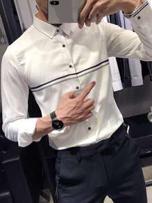 Manfinity Homme 男士條紋印花鈕扣前衣，修身長袖拼色白色工作襯衫 - 白色 - 查看 1