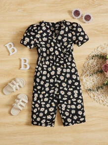 SHEIN 嬰兒女孩雛菊印花泡泡袖連體褲 - 黑色 - 查看 1