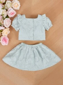 SHEIN 嬰兒提花泡泡袖上衣和裙子 - 薄荷綠 - 查看 2