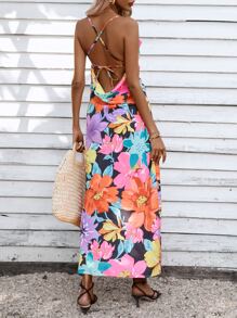 SHEIN VCAY Floral Print Draped Tie Backless Cami Dress - Multicolor - View 2