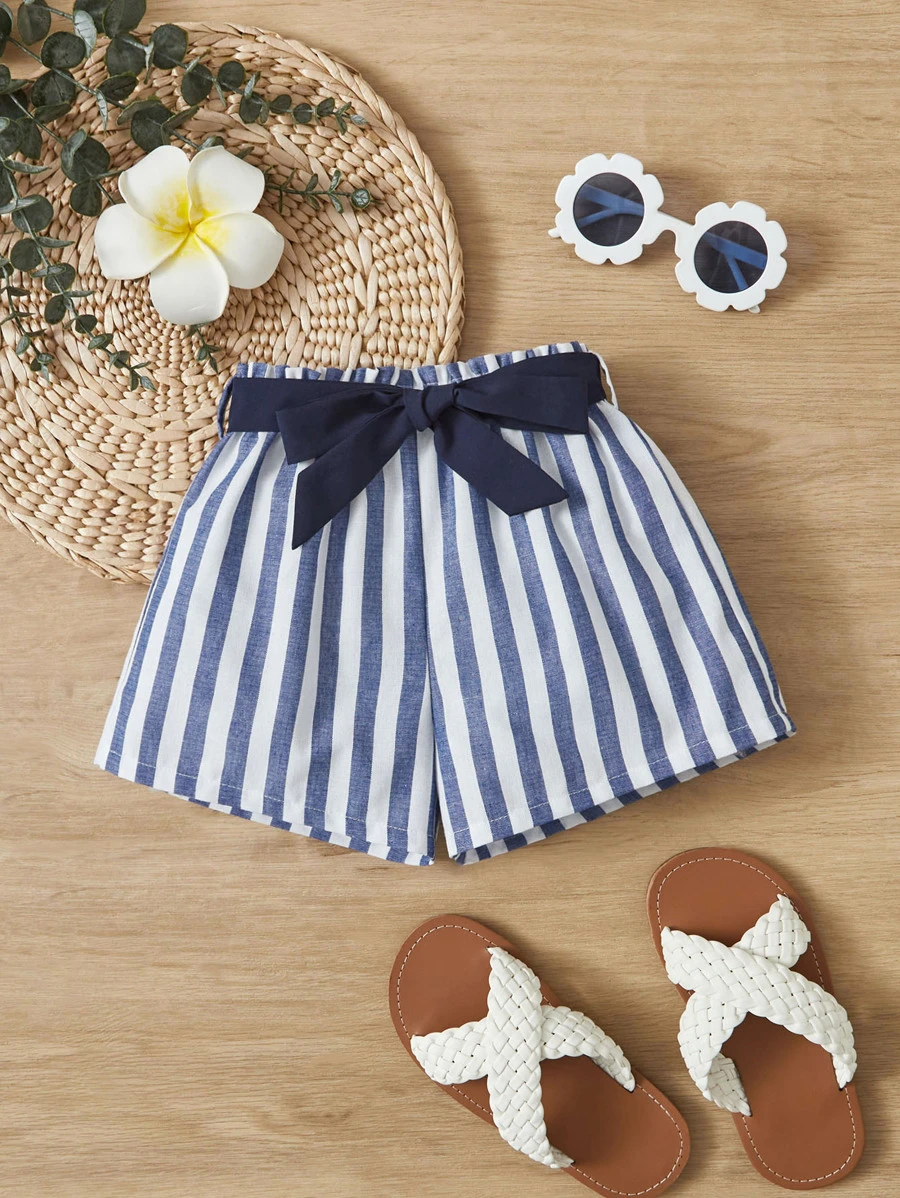 SHEIN Baby Striped Print Belted Shorts - Blue and White - View 1