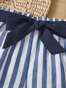SHEIN Baby Striped Print Belted Shorts - Blue and White - View 4