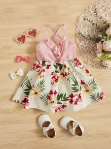 SHEIN Baby Tropical Print Ruffle Trim Crisscross Back Cami Dress - Baby Pink - View 1