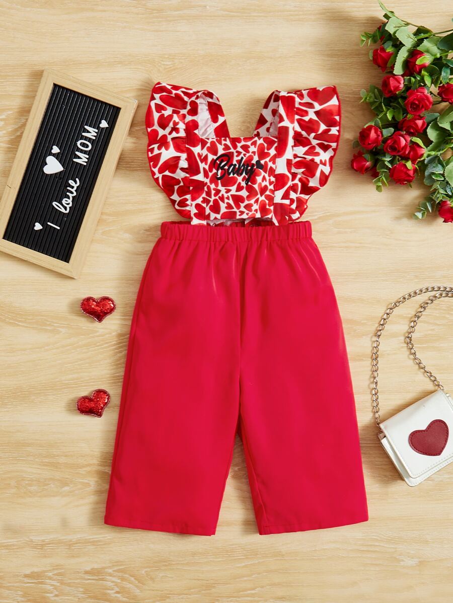 SHEIN Baby Letter and Heart Print Ruffle Trim Jumpsuit - Red and White - View 1