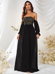 YISIKADO Contrast Sequin Off Shoulder Flounce Sleeve Dress