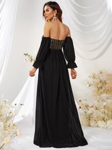 YISIKADO Contrast Sequin Off Shoulder Flounce Sleeve Dress