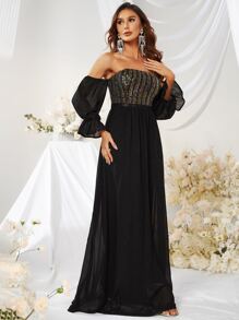 YISIKADO Contrast Sequin Off Shoulder Flounce Sleeve Dress
