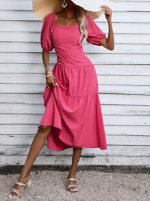 SHEIN VCAY Square Neck Puff Sleeve Ruffle Hem Dress - Pink - View 1