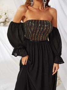 YISIKADO Contrast Sequin Off Shoulder Flounce Sleeve Dress