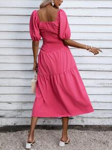 SHEIN VCAY Square Neck Puff Sleeve Ruffle Hem Dress - Pink - View 2