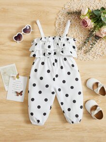SHEIN Baby Polka Dot Ruffle Trim Cami Jumpsuit - Black and White - View 1