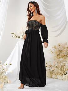 YISIKADO Contrast Sequin Off Shoulder Flounce Sleeve Dress