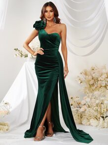 YISIKADO 3D Applique Flower One Shoulder Split Thigh Draped Velvet Formal Dress - Dark Green - View 3