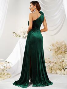 YISIKADO 3D Applique Flower One Shoulder Split Thigh Draped Velvet Formal Dress - Dark Green - View 2