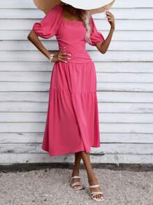 SHEIN VCAY Square Neck Puff Sleeve Ruffle Hem Dress - Pink - View 4