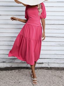 SHEIN VCAY Square Neck Puff Sleeve Ruffle Hem Dress - Pink - View 5