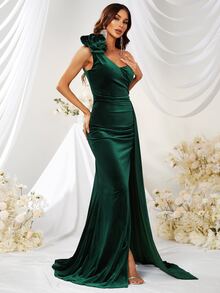 YISIKADO 3D Applique Flower One Shoulder Split Thigh Draped Velvet Formal Dress - Dark Green - View 1