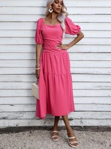 SHEIN VCAY Square Neck Puff Sleeve Ruffle Hem Dress - Pink - View 6