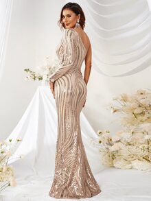 YISIKADO One Shoulder Sequin Formal Dress - Champagne - View 2