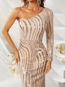 YISIKADO One Shoulder Sequin Formal Dress - Champagne - View 6
