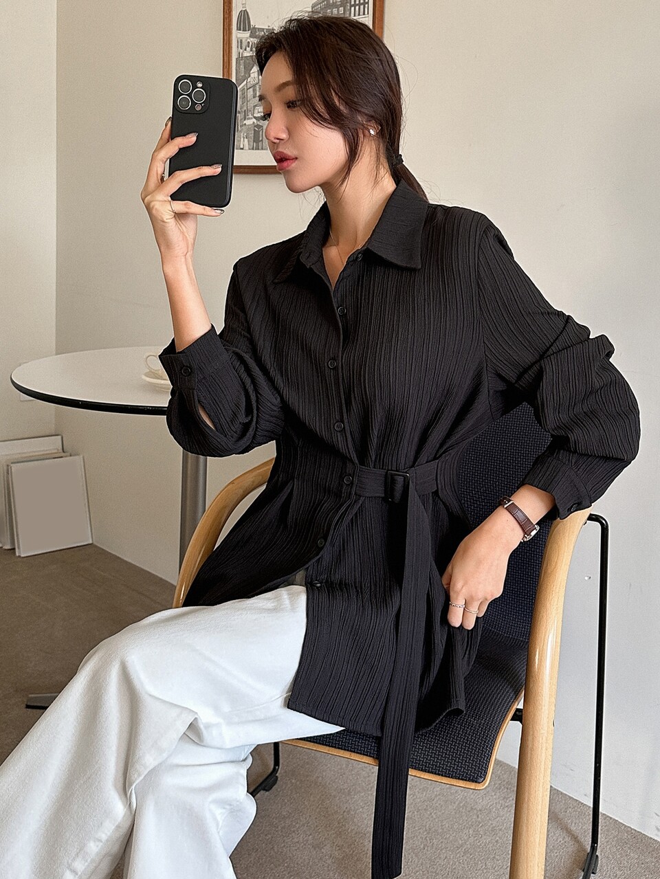 Fold Pleated Buckled Detail Shirt