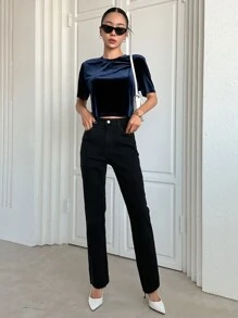 DAZY High Waist Raw Cut Flare Leg Jeans - Black - View 4