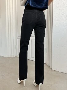 DAZY High Waist Raw Cut Flare Leg Jeans - Black - View 5