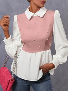 SHEIN Unity Pearls Beaded Two Tone Shirred Cuff Peplum Blouse - Pink - View 1