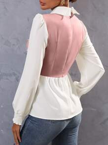 SHEIN Unity Pearls Beaded Two Tone Shirred Cuff Peplum Blouse - Pink - View 2