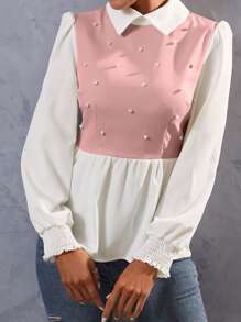 SHEIN Unity Pearls Beaded Two Tone Shirred Cuff Peplum Blouse - Pink - View 3