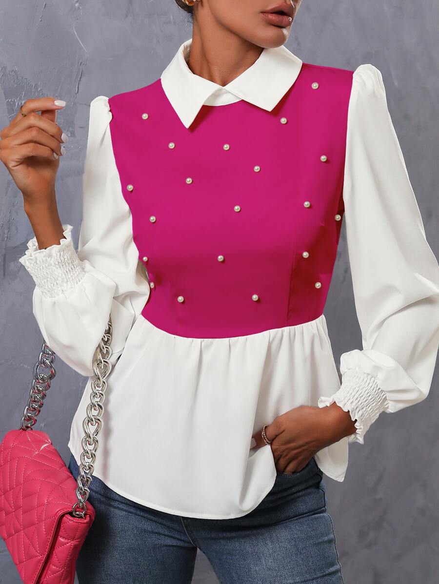 SHEIN Unity Pearls Beaded Two Tone Shirred Cuff Peplum Blouse - Hot Pink - View 1