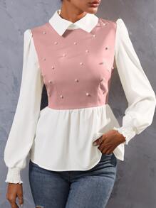SHEIN Unity Pearls Beaded Two Tone Shirred Cuff Peplum Blouse - Pink - View 5