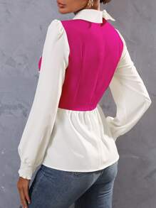 SHEIN Unity Pearls Beaded Two Tone Shirred Cuff Peplum Blouse - Hot Pink - View 2