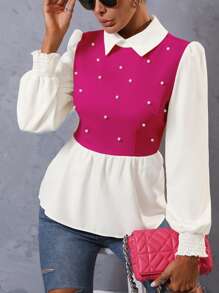 SHEIN Unity Pearls Beaded Two Tone Shirred Cuff Peplum Blouse - Hot Pink - View 3