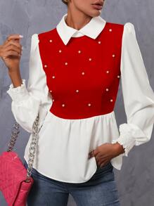 SHEIN Unity Pearls Beaded Two Tone Shirred Cuff Peplum Blouse - Red - View 1
