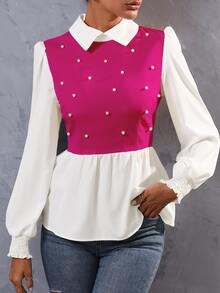 SHEIN Unity Pearls Beaded Two Tone Shirred Cuff Peplum Blouse - Hot Pink - View 6
