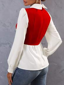 SHEIN Unity Pearls Beaded Two Tone Shirred Cuff Peplum Blouse - Red - View 2