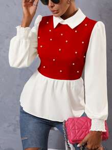 SHEIN Unity Pearls Beaded Two Tone Shirred Cuff Peplum Blouse - Red - View 3