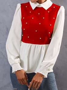 SHEIN Unity Pearls Beaded Two Tone Shirred Cuff Peplum Blouse - Red - View 4