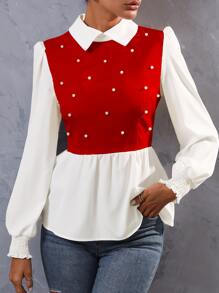 SHEIN Unity Pearls Beaded Two Tone Shirred Cuff Peplum Blouse - Red - View 5