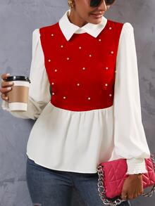 SHEIN Unity Pearls Beaded Two Tone Shirred Cuff Peplum Blouse - Red - View 6