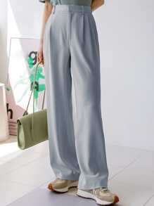 DAZY Quần ống rộng chi tiết xếp li, Quần váy nữ - Màu xanh bụi bặm - Xem 2