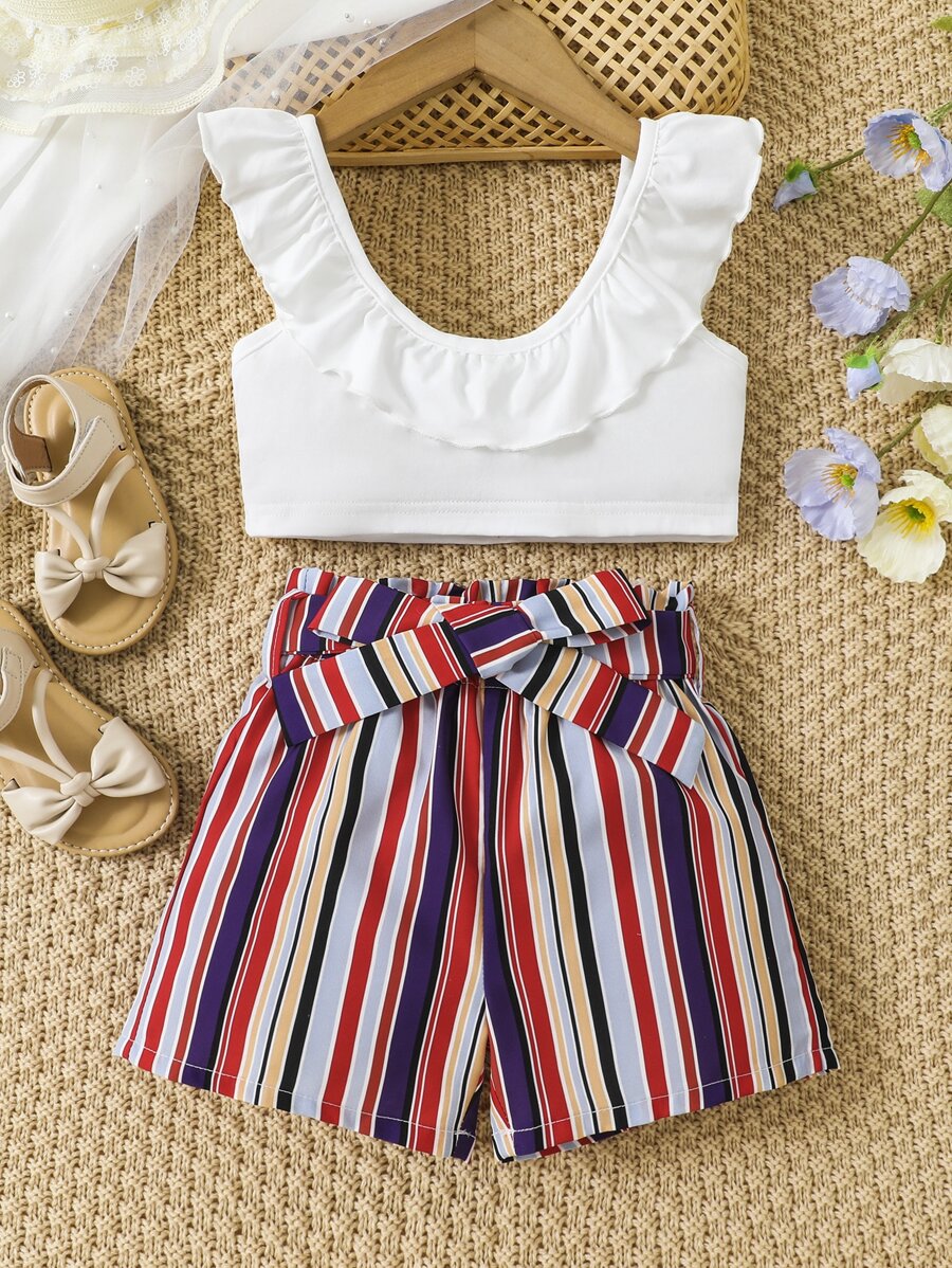 Toddler Girls Ruffle Trim Tank Top & Striped Belted Shorts - Multicolor - View 1