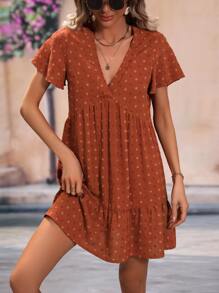 SHEIN Clasi Swiss Dot Butterfly Sleeve Ruffle Hem Smock Dress - Rust Brown - View 3