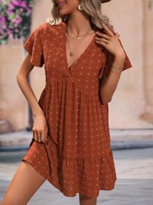 SHEIN Clasi Swiss Dot Butterfly Sleeve Ruffle Hem Smock Dress - Rust Brown - View 4